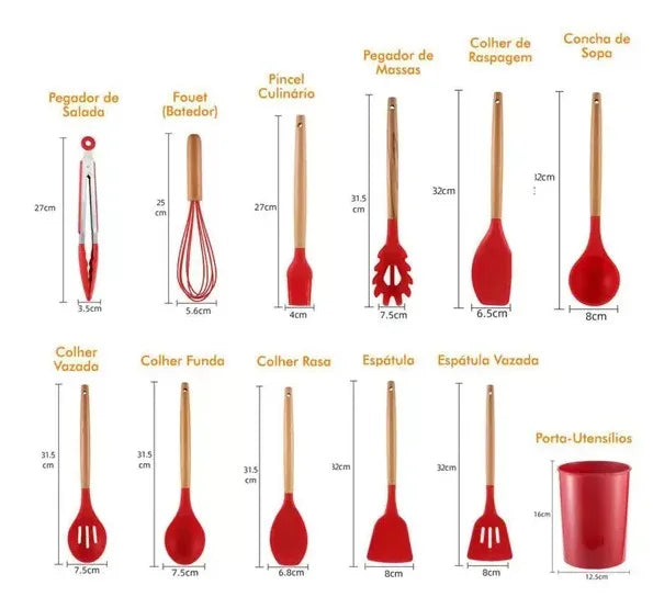 Kit 12 Peças Utensílios de Cozinha Silicone Antiaderente com Suporte Premium