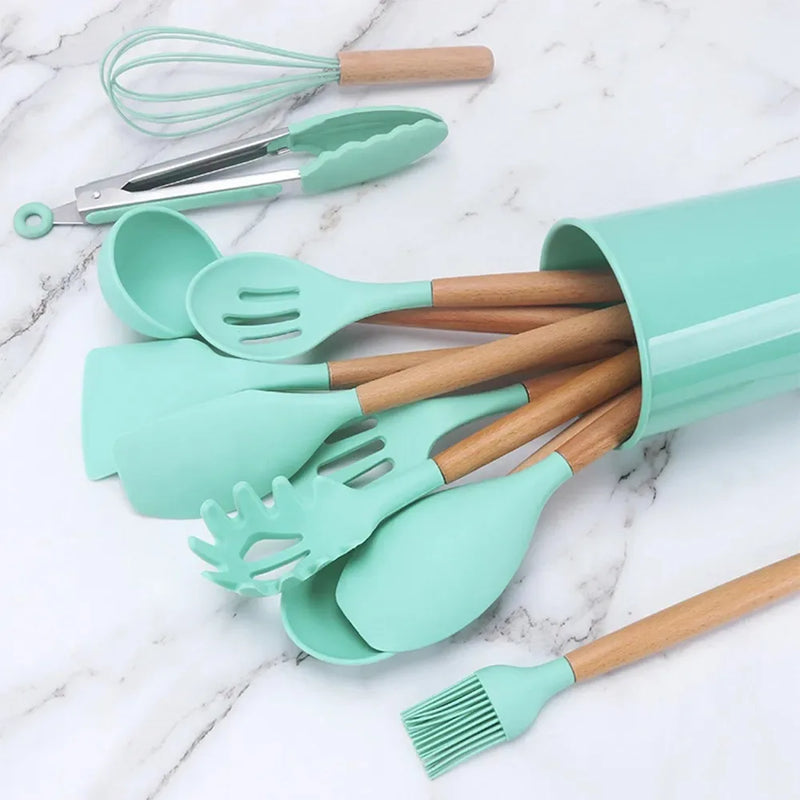 Kit 12 Peças Utensílios de Cozinha Silicone Antiaderente com Suporte Premium
