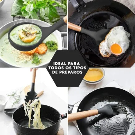 Kit 12 Peças Utensílios de Cozinha Silicone Antiaderente com Suporte Premium