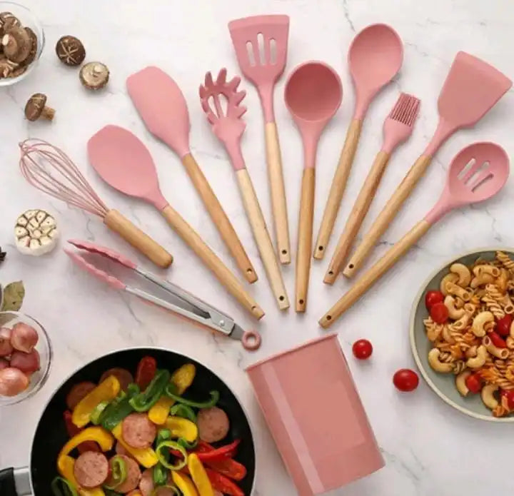 Kit 12 Peças Utensílios de Cozinha Silicone Antiaderente com Suporte Premium