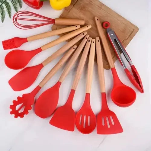 Kit 12 Peças Utensílios de Cozinha Silicone Antiaderente com Suporte Premium